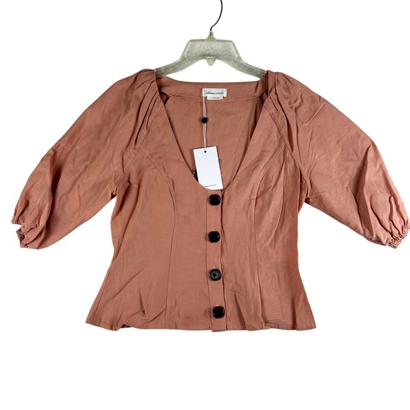 Lovers + Friends Tops - Lovers + Friends Shirt Womens‎ Small Pink Button Front Puff Sleeve Linen Blend